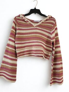 Grey Bandit Crochet Striped Cropped Hoodie Pink Beige Size Small